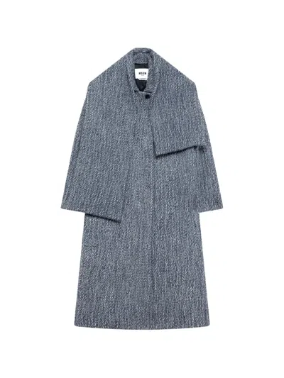 Msgm Scarf-detail Textured Coat In Blue