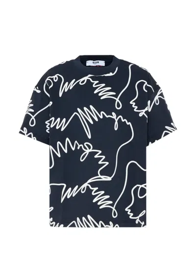 Msgm Kids' Scribble-print T-shirt In Blue