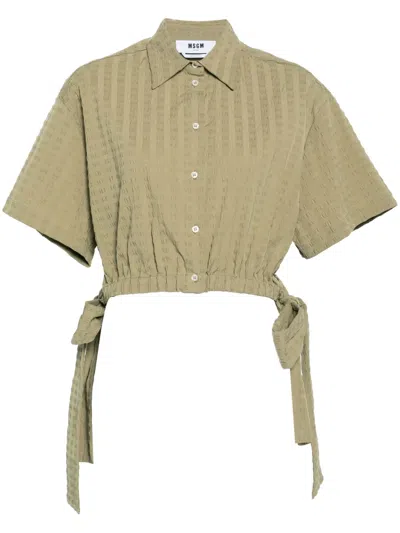 Msgm Seersucker Cropped Shirt In Green
