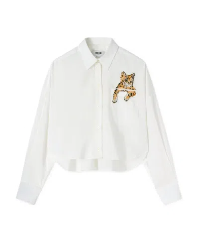 Msgm Sequin-embellished Cat Cotton Shirt In White