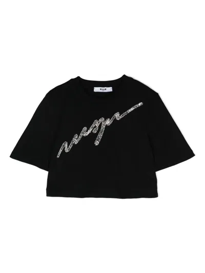 Msgm Kids' Cropped-t-shirt Mit Pailletten-logo In Schwarz