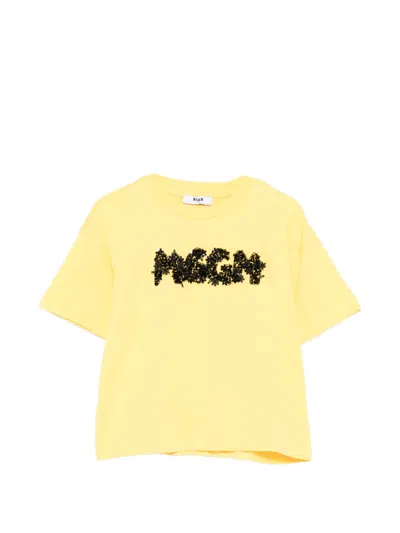 Msgm Sequin-logo T-shirt In Yellow