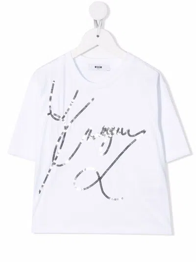 Msgm Kids' Sequinned Logo T-shirt In White