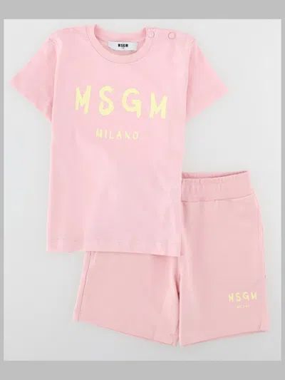 Msgm Set Jersey T-shirt Strecth Fleece Bermuda Unisex In Pink