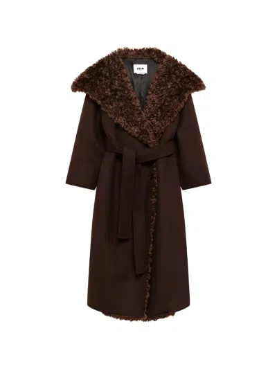 Msgm Shearling-trim Belted Coat In Brown