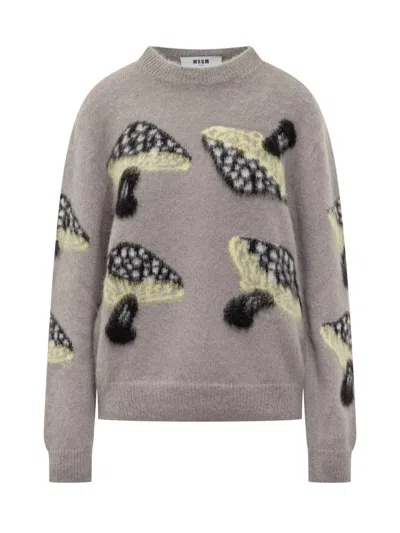 Msgm Mushroom-intarsia Sweater In Gray