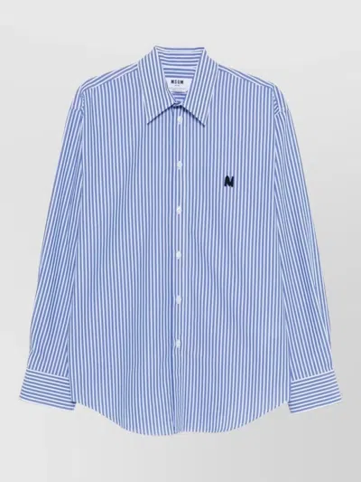 Msgm Shirt Logo Embroidery Stripes Long Sleeves In Blue