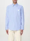 Msgm Logo Cotton T-shirt With Striped Cuffed Sleeves In Blue
