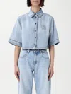 Msgm Light Blue Crop Shirt With Logo On The Front And Perforated Details In Denim