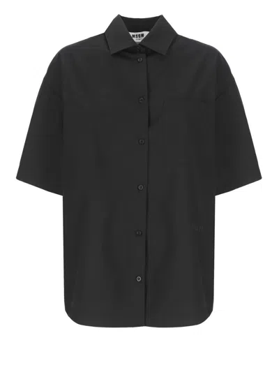 Msgm Cotton Shirt With Chest Pocket And Elastic Bands In Black