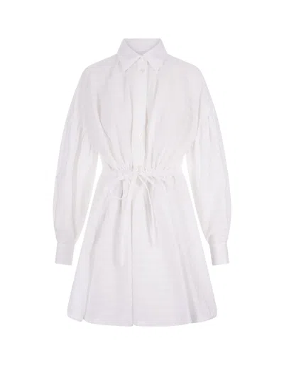 Msgm Short Dress With Adjustable Waist In White Cotton Seersucker