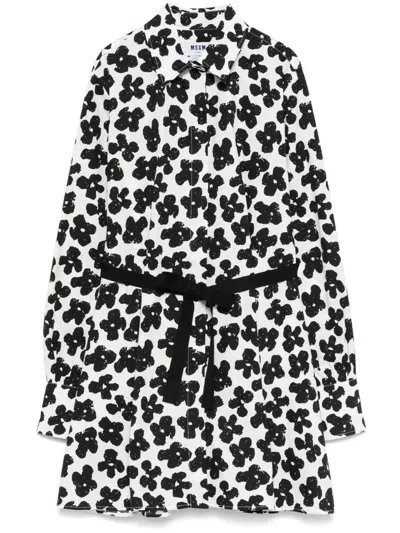 Msgm Short Floral Dress With A Waist Belt In Black