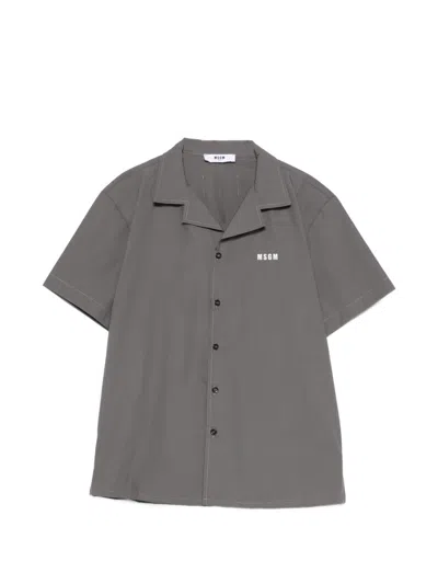 Msgm Kids' Short Sleeve Cotton Shirt With Buttons And Logo In Gray