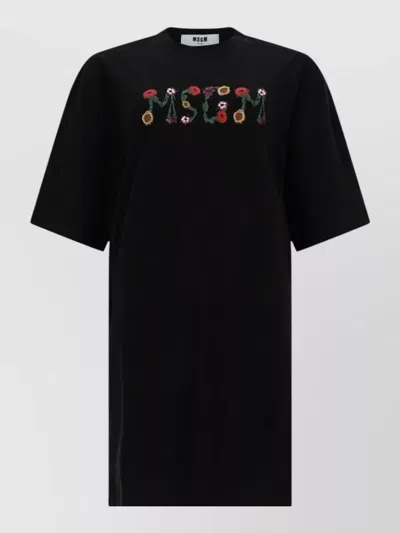 Msgm Short Sleeve Crew Neck Cotton Top In Black