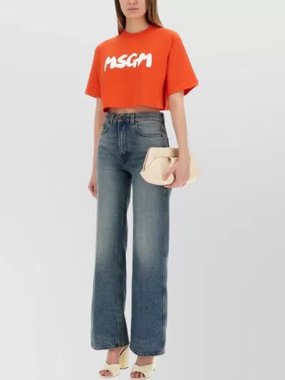Msgm Short Sleeve Cropped Crew Neck T-shirt In Red