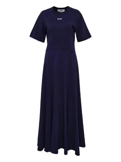 Msgm Short-sleeve Flared Maxi Dress In Blue