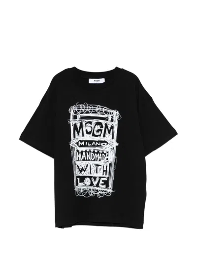 Msgm Kids' Short Sleeve Logo T-shirt With Crew Neck In Black