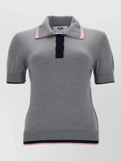 Msgm Short Sleeve Top Contrasting Collar Design In Gray