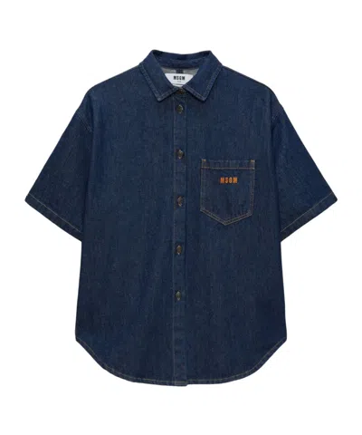 Msgm Short-sleeved Denim Shirt In Blue