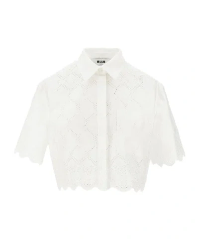 Msgm Broderie Anglaise Cropped Shirt In White
