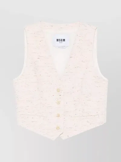 Msgm Short Sleeveless Textured V-neck Jacket In White