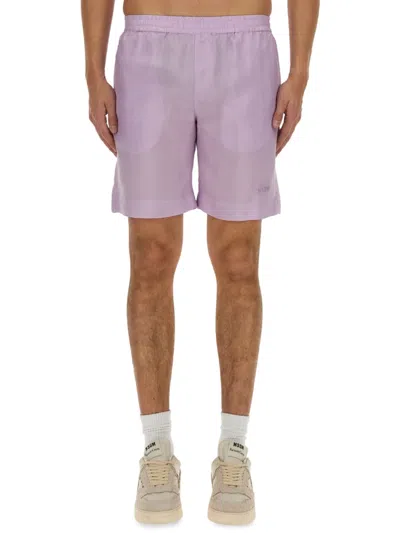 Msgm Logo-embroidered Cupro Shorts In Purple