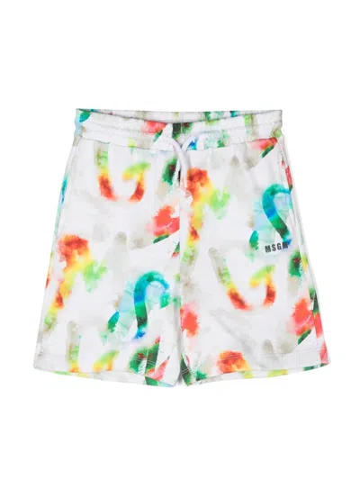 Msgm Kids' Watercolour Cotton Shorts In White