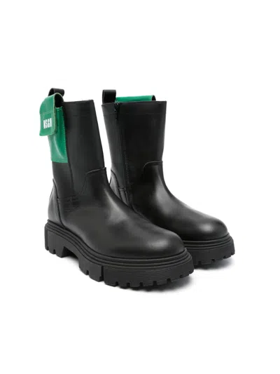 Msgm Kids' Side-pocket Leather Boots In Black