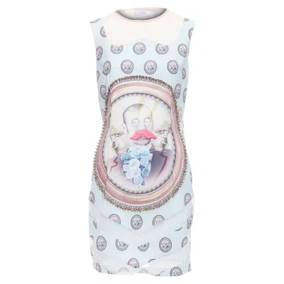Msgm Silk Blend Portrait Print Embellished Shift Dress In Blue