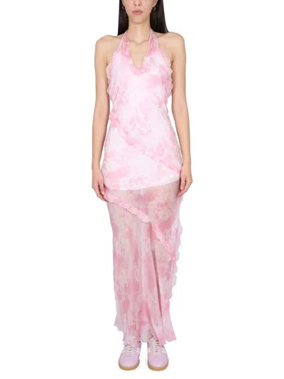Msgm Silk Chiffon Mini Dress With Crossover Neckline And Lace Detail In Pink