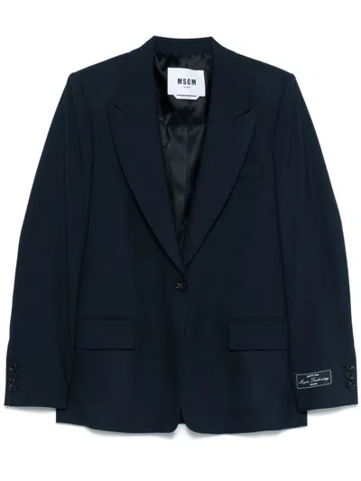 Msgm Single-breasted Blue Wool Blazer With Logo Label