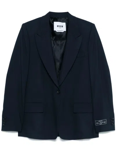 Msgm Single-breasted Blue Wool Blazer With Logo Label