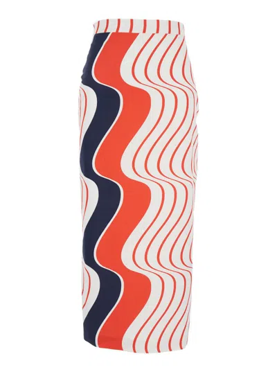 MSGM RED SKIRT WITH PENCIL DESIGN AND ALL-OVER PRINTED MOTIF IN FABRIC WOMAN