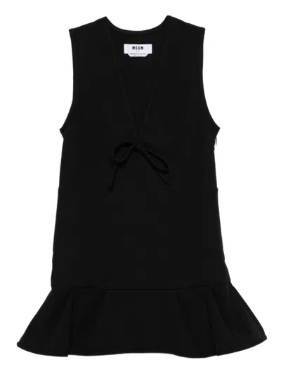 MSGM SLEEVELESS BLACK DRESS WITH DEEP V-NECKLINE AND TIE DETAIL