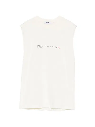 Msgm Kids' Sleeveless Crew Neck T-shirt With Logo In White