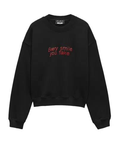 Msgm Slogan-embroidered Sweatshirt In Black