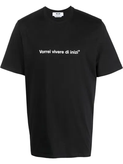 Msgm Slogan-print Cotton T-shirt In 黑色