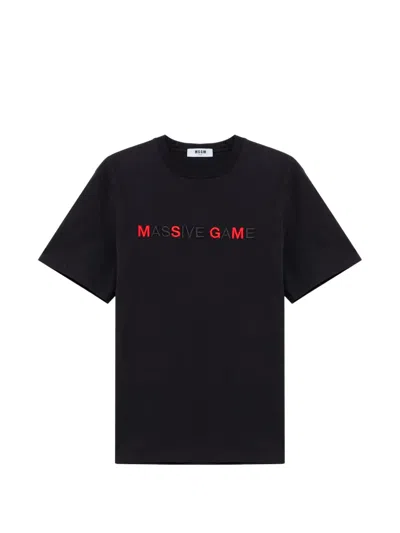Msgm Slogan-embroidered T-shirt In Black