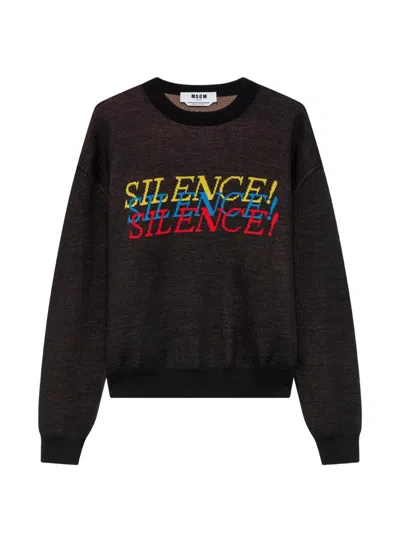 Msgm Slogan-intarsia Crew-neck Sweater In Brown
