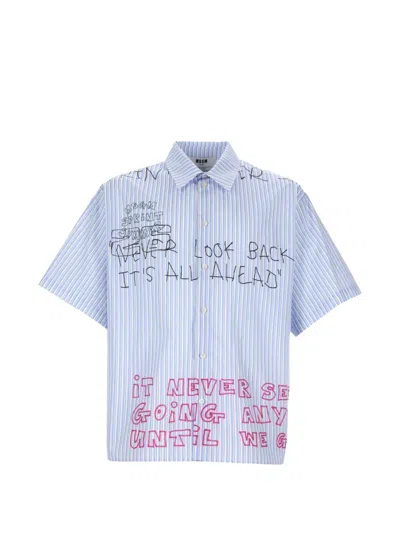 Msgm Slogan-print Striped Shirt In Blue