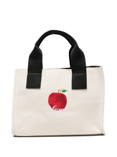 Msgm Small Apple Embroidered Tote Bag In White
