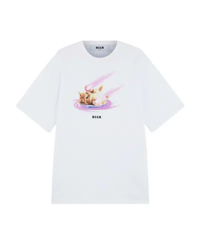 Msgm 'space Cat' Designs Cotton T-shirt With Round Neck In White