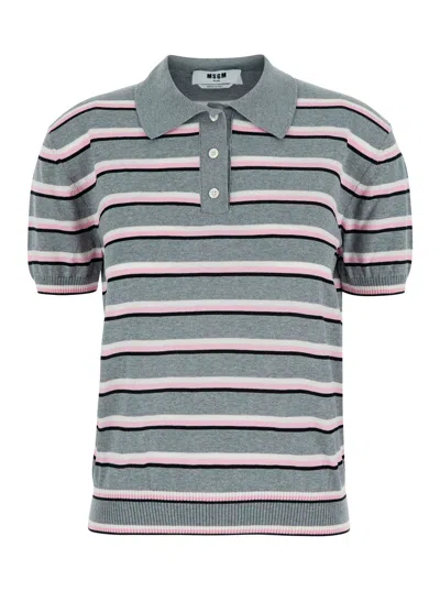 Msgm Striped Cotton Polo Shirt In Gray