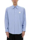 Msgm Light Blue Shirt With All-over Striped Motif And Logo On The Front In Cotton Man