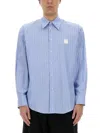 Msgm Logo Cotton T-shirt With Striped Cuffed Sleeves In Blue