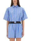Msgm Collared Neck Cropped Top With Striped Pattern In Azure