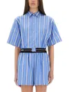 Msgm Collared Neck Cropped Top With Striped Pattern In Blue