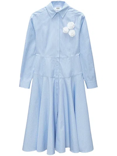 Msgm Striped Floral-appliqué Midi Dress In Blue