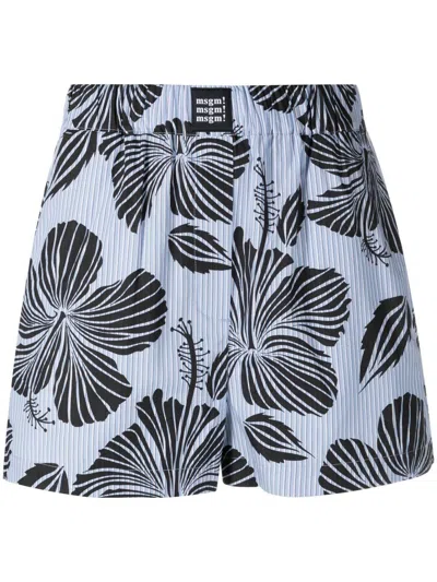 Msgm Striped Floral-print Shorts In Blau