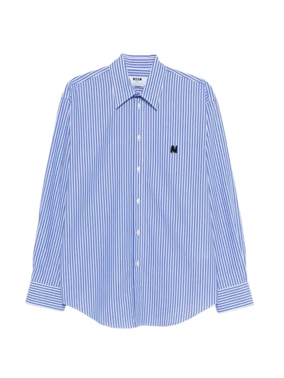 Msgm Striped Logo Shirt In Blue